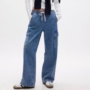 GAP Denim High Rise Wide Leg Cargo Jeans Drawstring Waist Medium Wash Women’s M